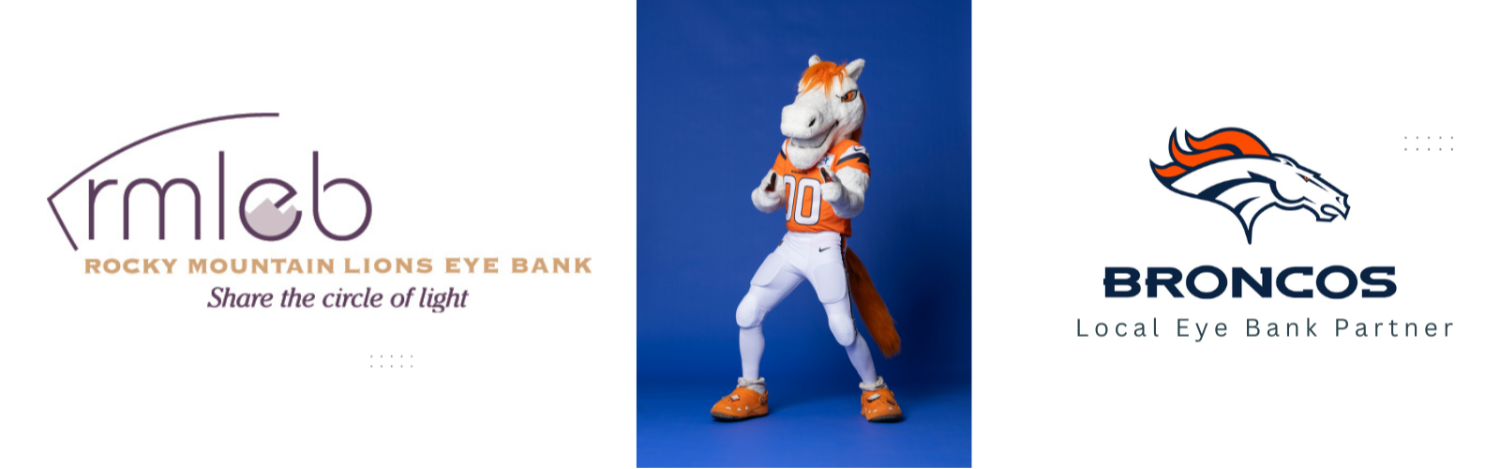 Rocky Mountain Lions Eye Bank logo and Miles mascot from the Denver Broncos and Denver Broncos local eye bank partner logo header