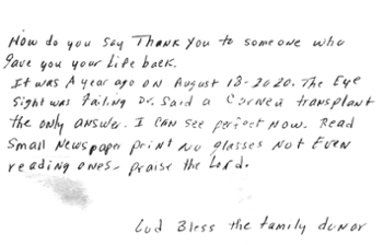 letter from cornea transplant recipient thanking donor family for their loved ones eye tissue donation restored sight from Rocky Mountain Lions Eye Bank